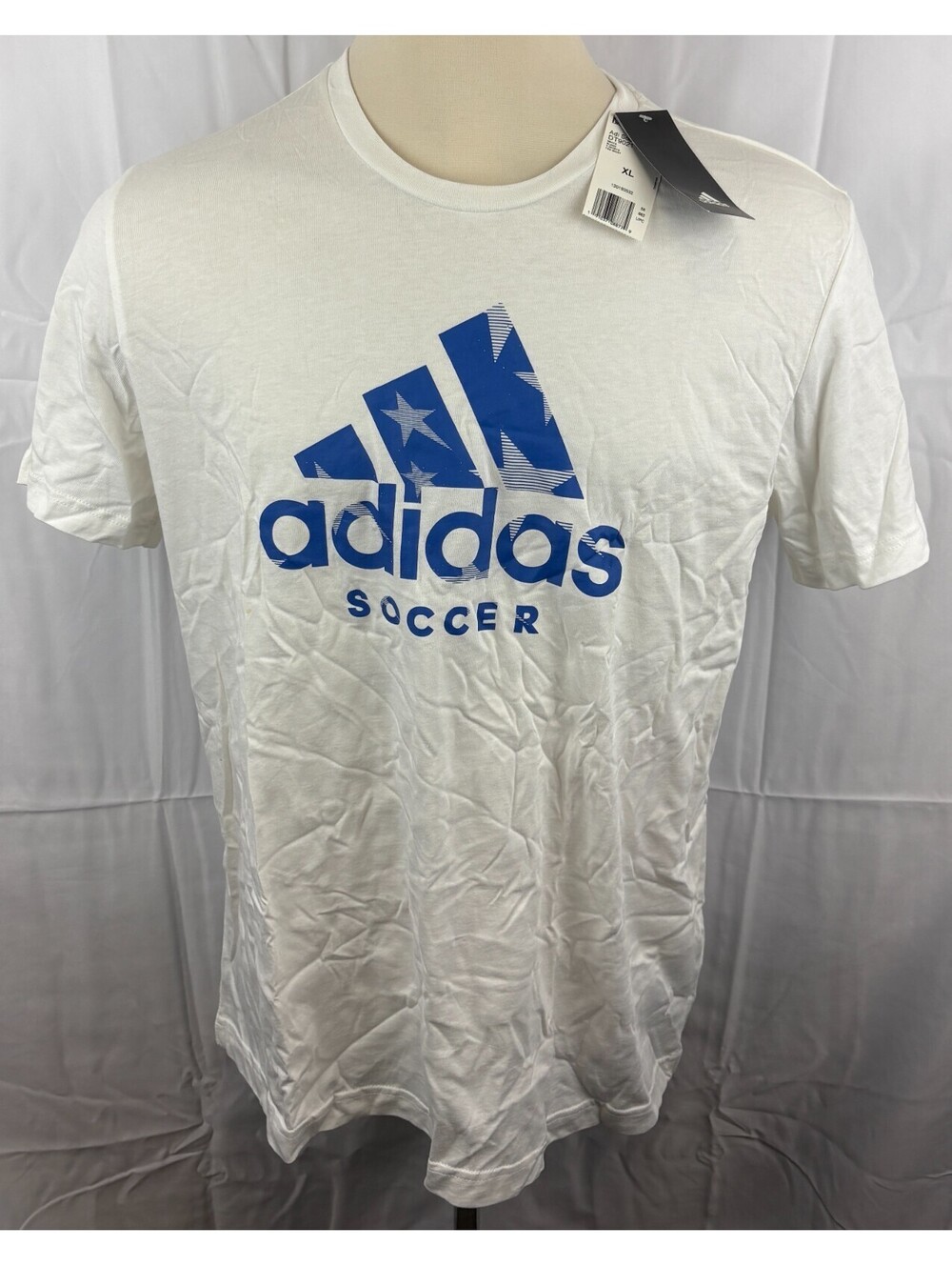 NEW Adidas Men's XL White Spell Out Blue Logo Short Sleeve T-Shirt
